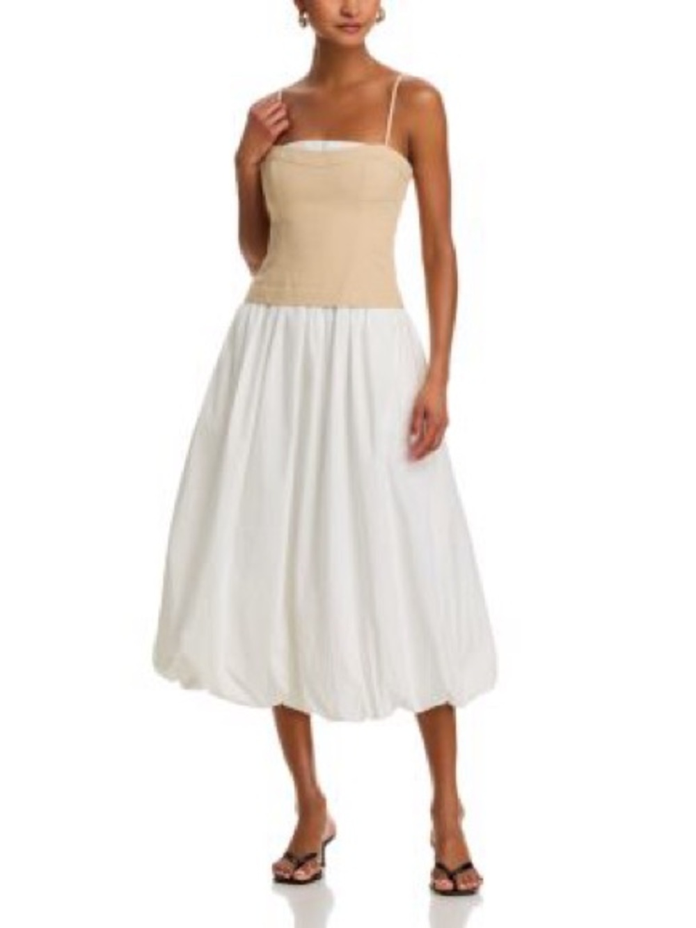 Line & Dot Strapless Beige Bodice White Bubble Skirt Dress